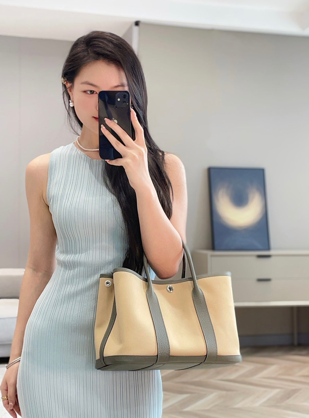 Hermes Garden Party 30cm in Dark Beige Toilets Cotton Canvas and Grey Calfskin Bag