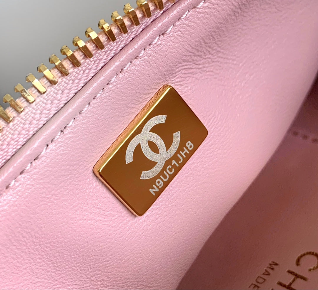 Chanel Waist 24 Bag in Light Pink Calfskin with Pearl Chain and Gold Hardware