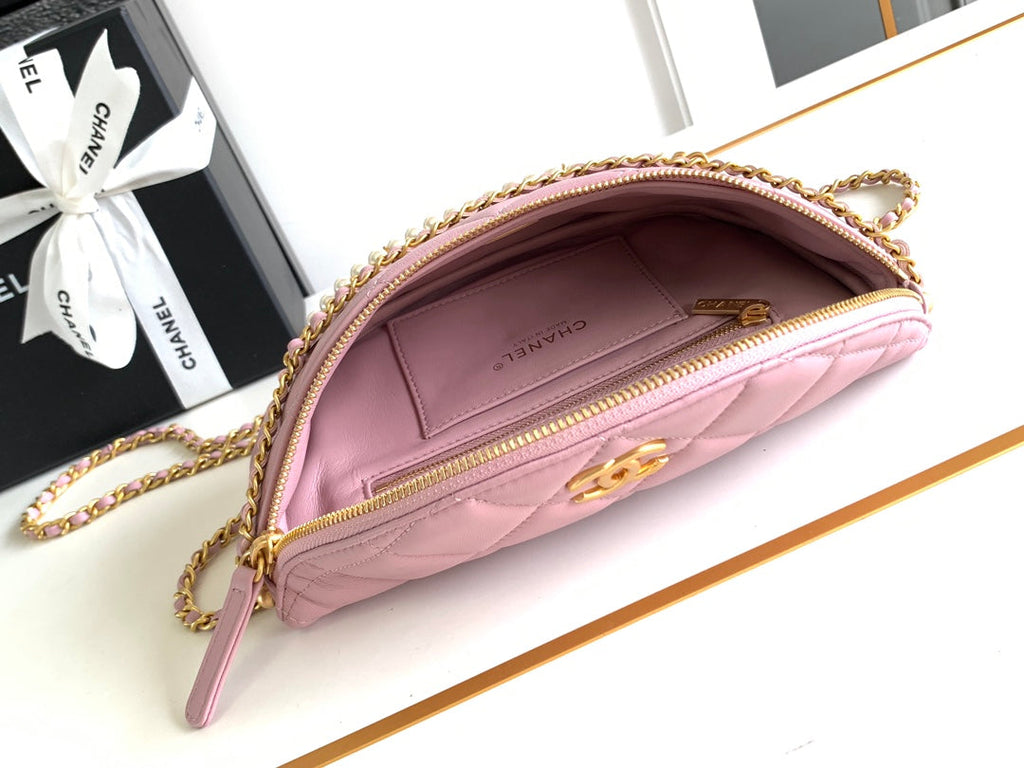 Chanel Waist 24 Bag in Light Pink Calfskin with Pearl Chain and Gold Hardware