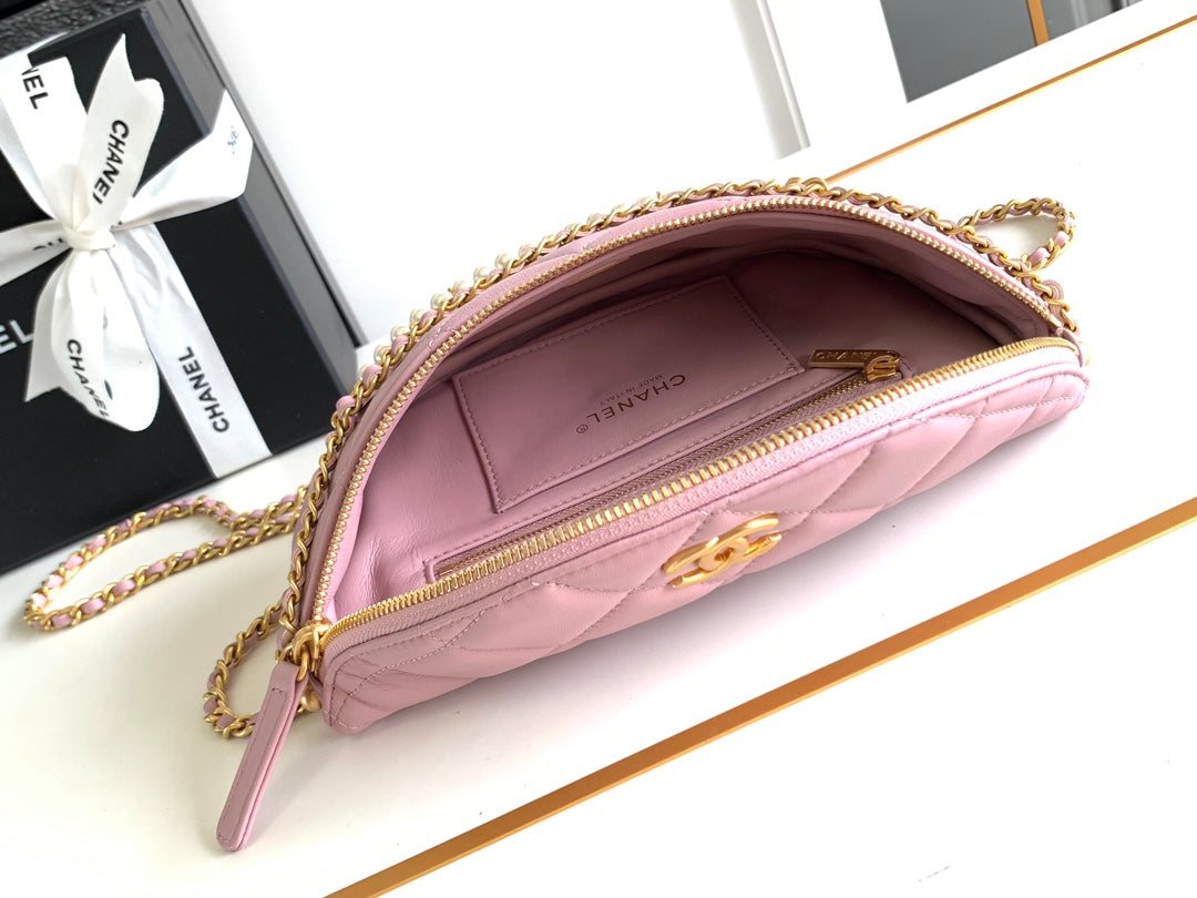 Chanel Waist 24 Bag in Light Pink Calfskin with Pearl Chain and Gold Hardware
