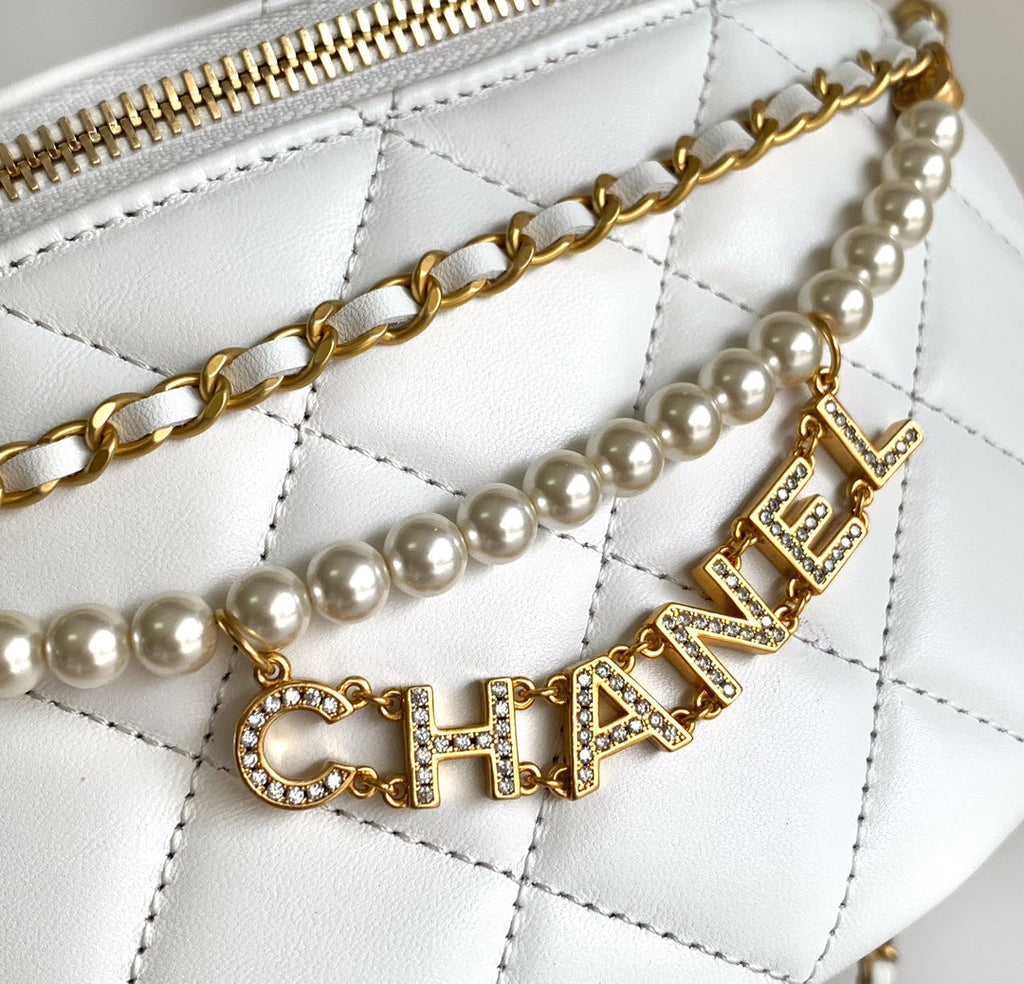Chanel Waist 24 Bag in White Calfskin with Pearl Chain and Gold Hardware