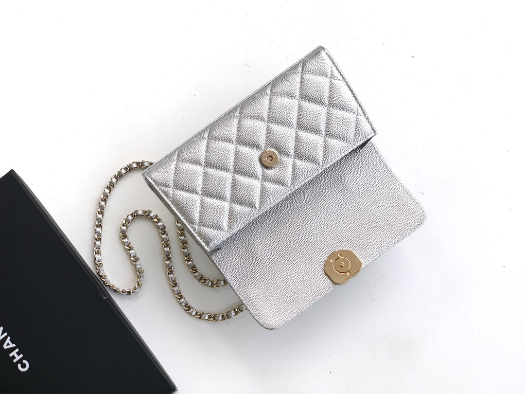 Chanel 25S Kelly Bag 18 in Silver Caviar Leather with Gold Hardware Style 2