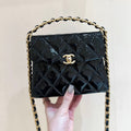 Chanel 25S Tote Crossbody Bag 19 in Black Glossy Leather with Metal Handle