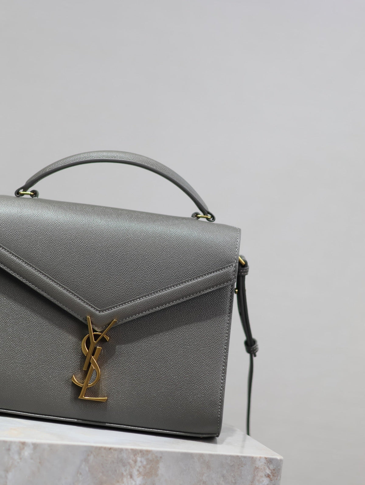 Saint Laurent Cassandra Top Handle Bag 24 in Gray Calfskin Gold Hardware