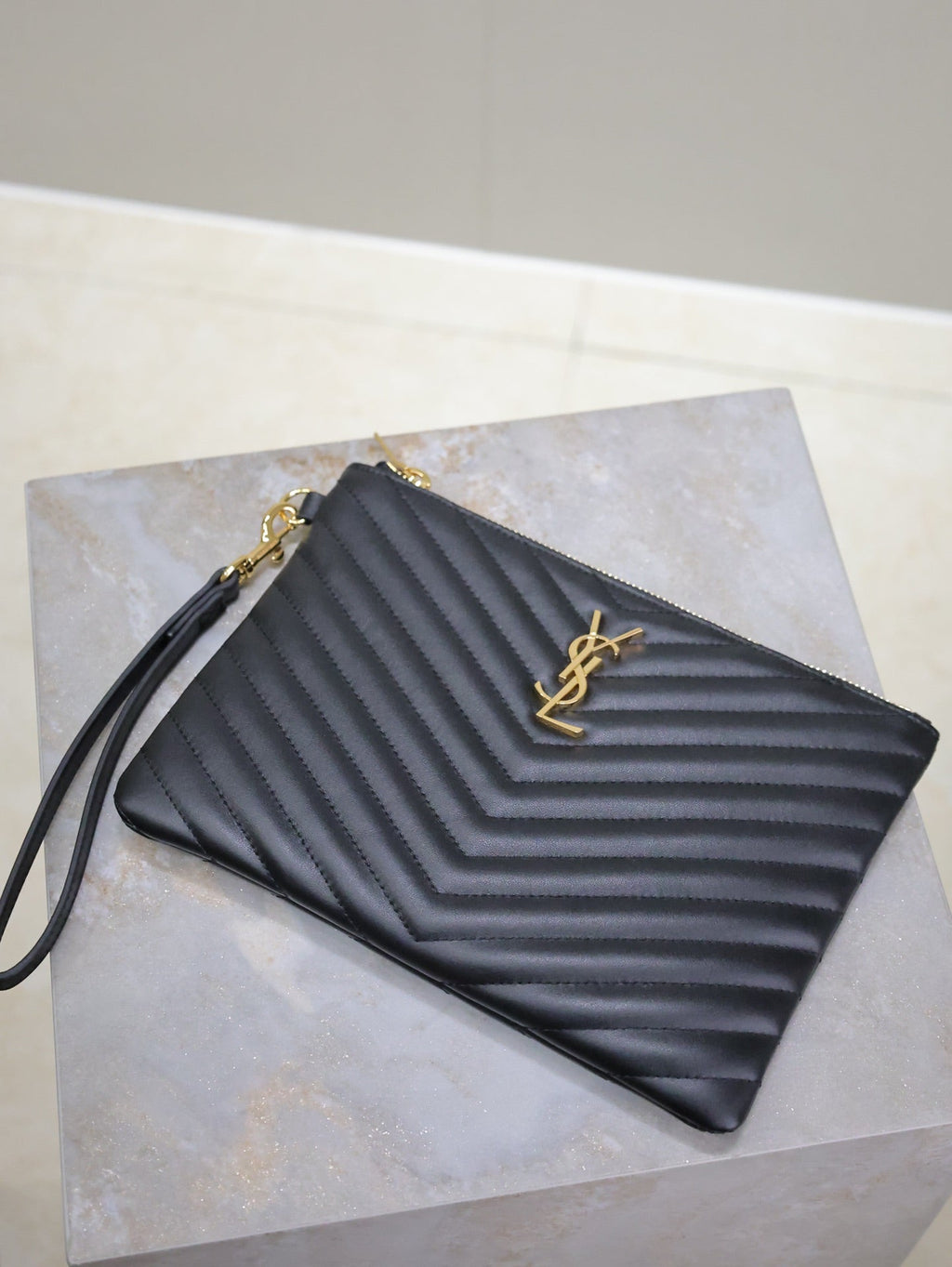 Saint Laurent Clutch 24 in Black Quilted Calfskin Gold Buckle