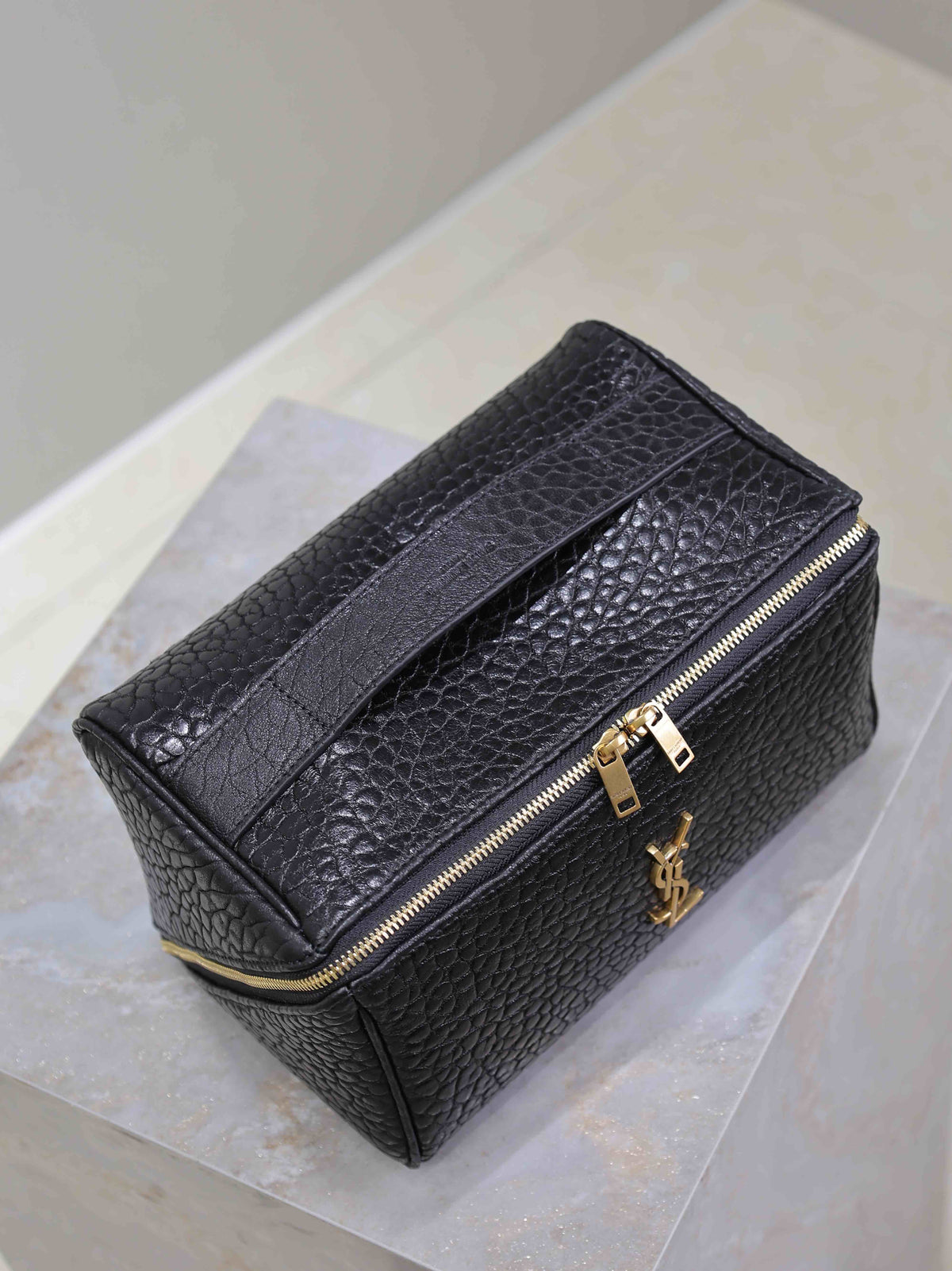 Saint Laurent Comestic Pouch in Black Lambskin Gold Logo