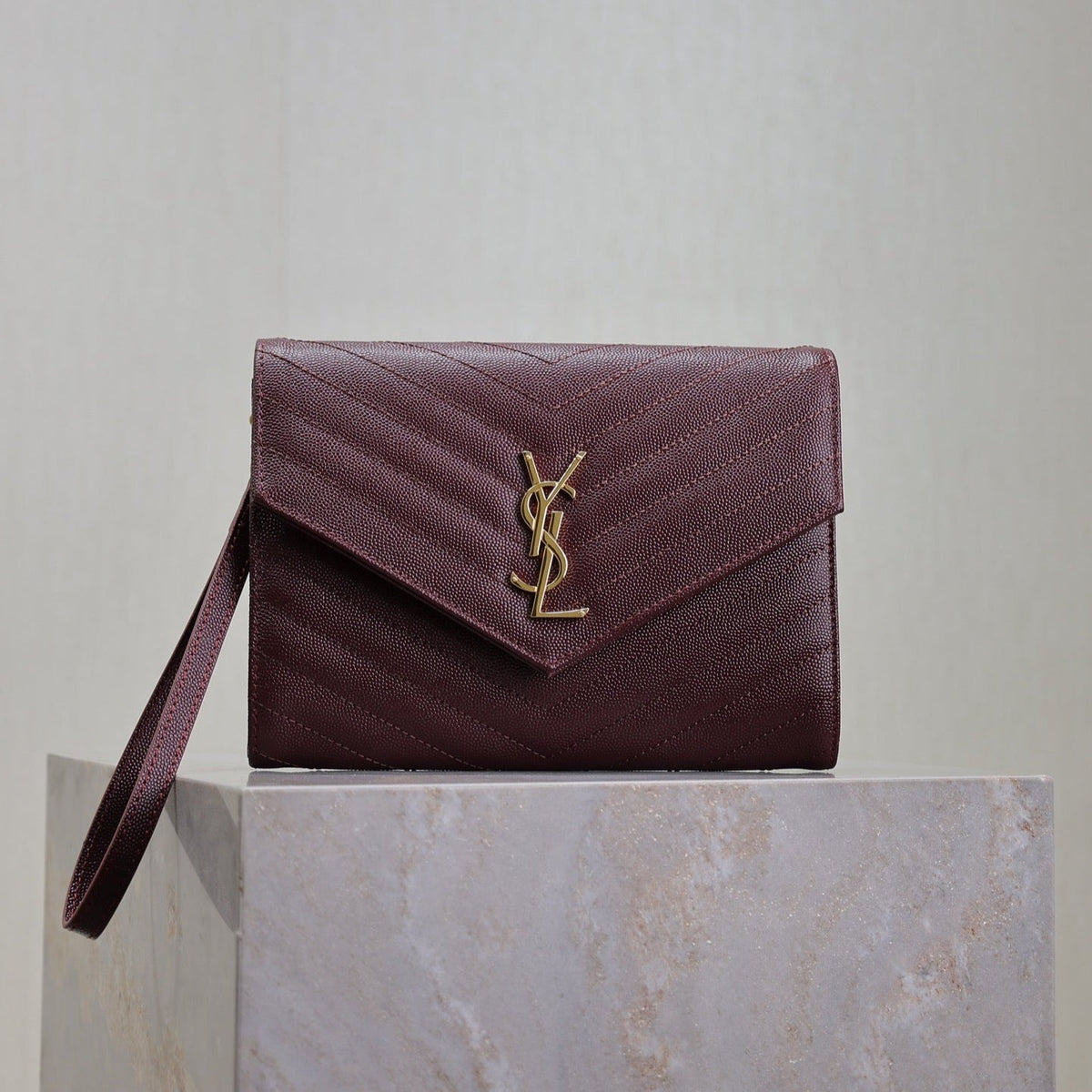 Saint Laurent Cassandre Clutch 21 in Bordeaux Red Lambskin Gold Hardware