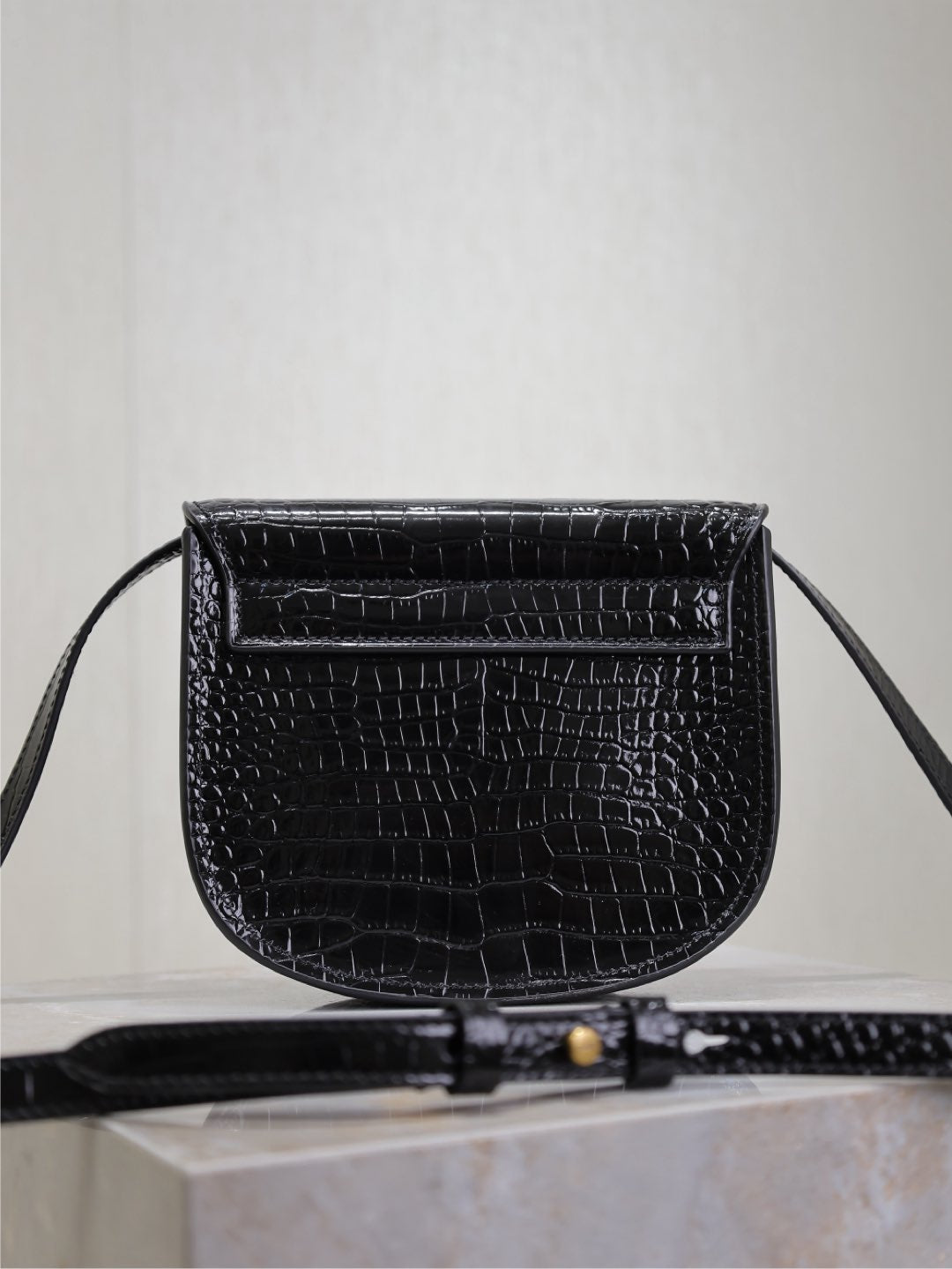 Saint Laurent Kaia Small Crocodile Pattern Bag 18 in Black Glossy Calfskin Copper Hardware