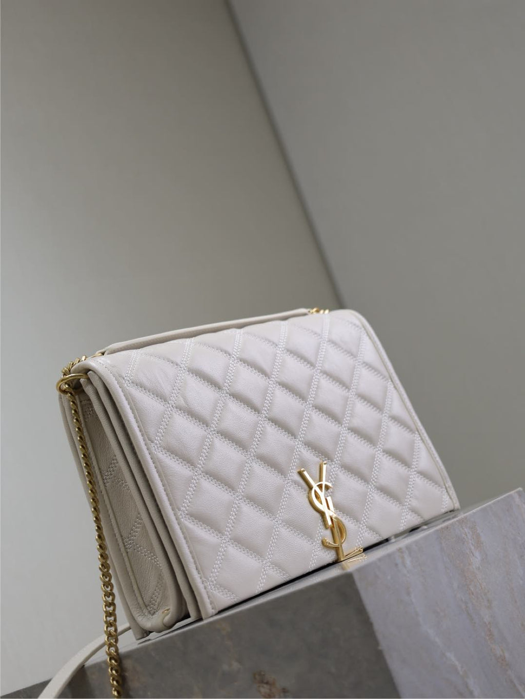 Saint Laurent Becky 26 in White Quilted Lambskin Gold Hardware Bag
