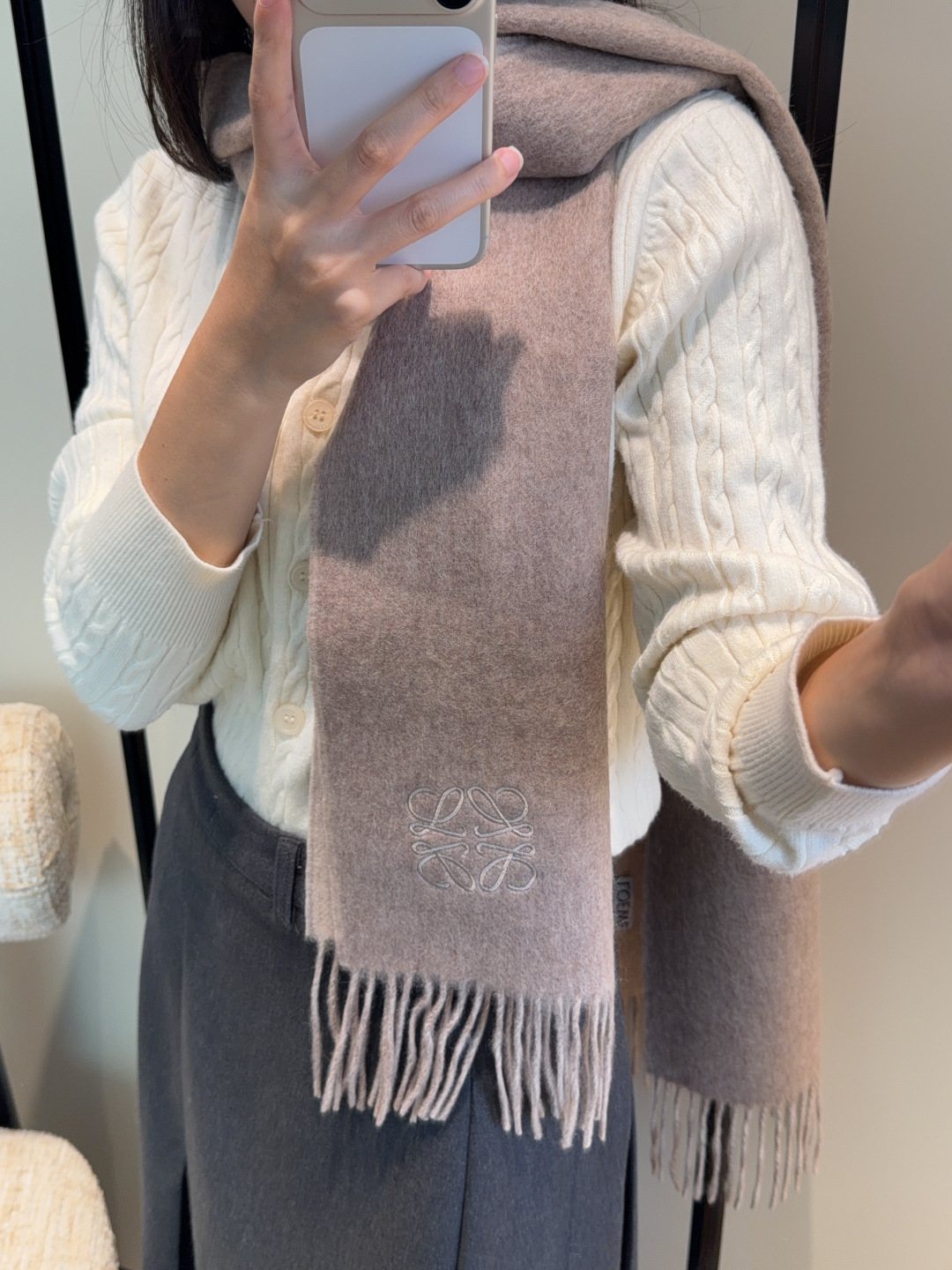 Loewe Taupe Gray Fringed Scarf — model