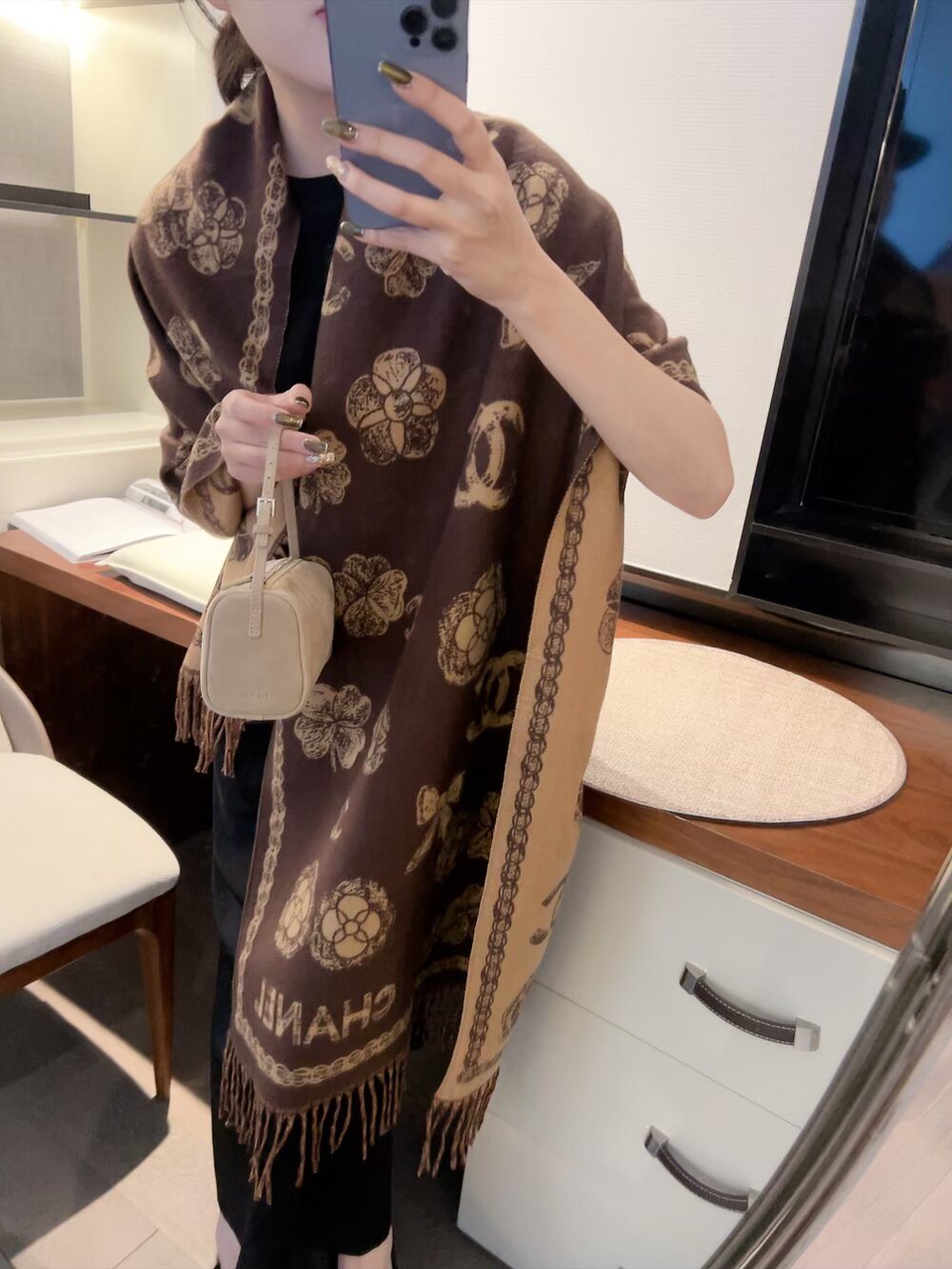 Chanel Fringed Patterned Scarf — model