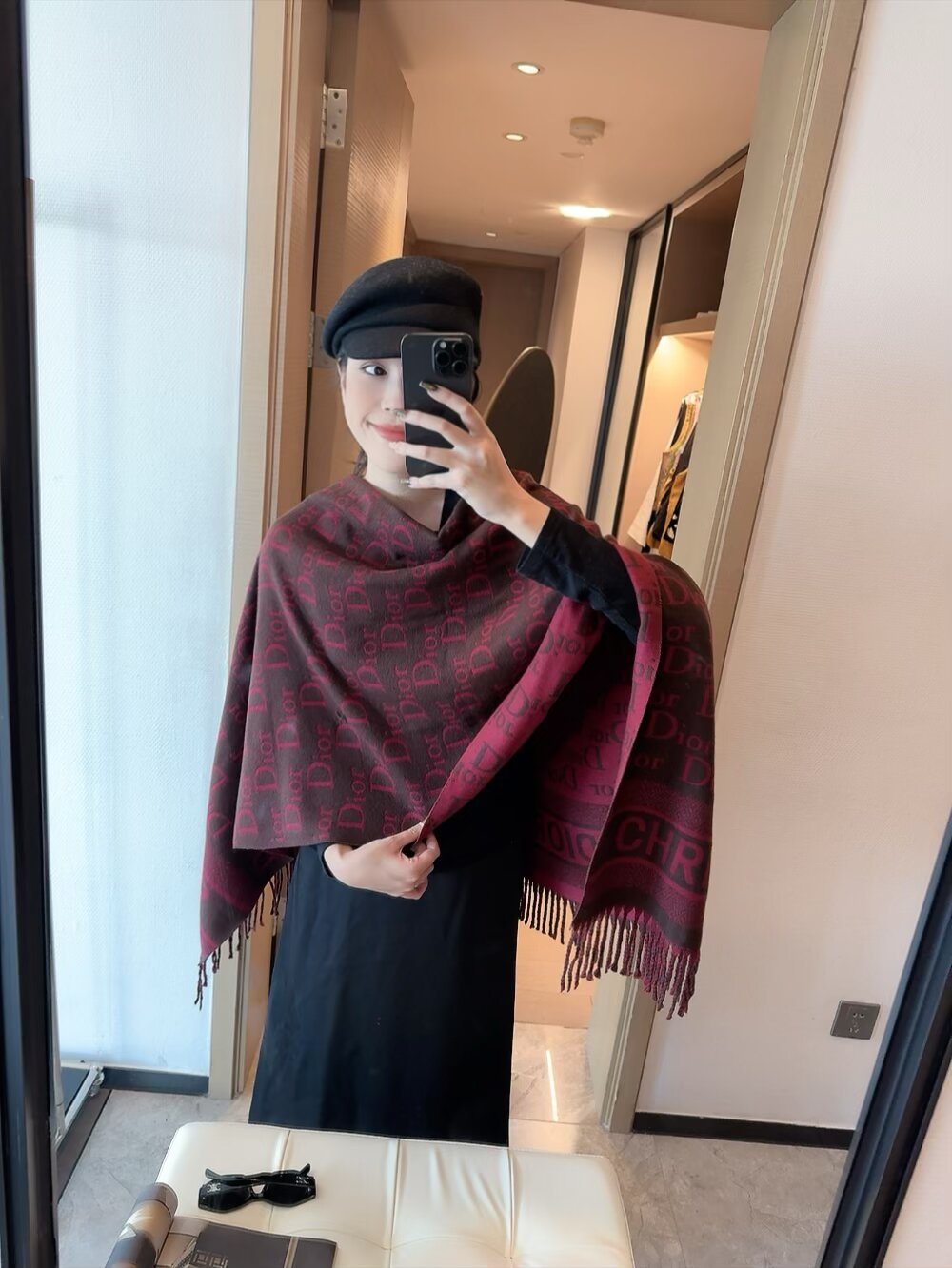 Dior Fringed Monogram Scarf — model