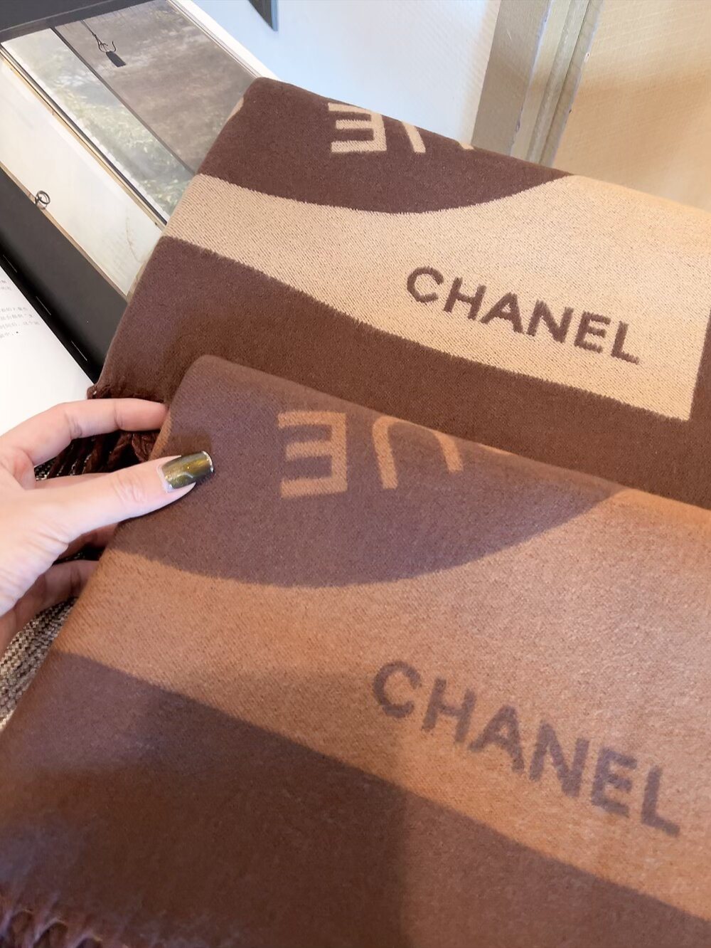 Chanel Fringed Logo Scarf Shawl — detail