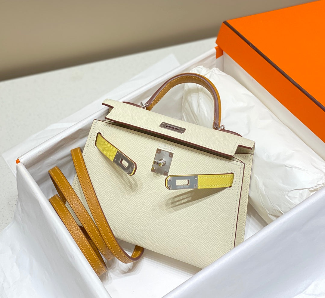 Hermes Kelly Mini 20 White Yellow Brown Epsom Silver Hardware Bag