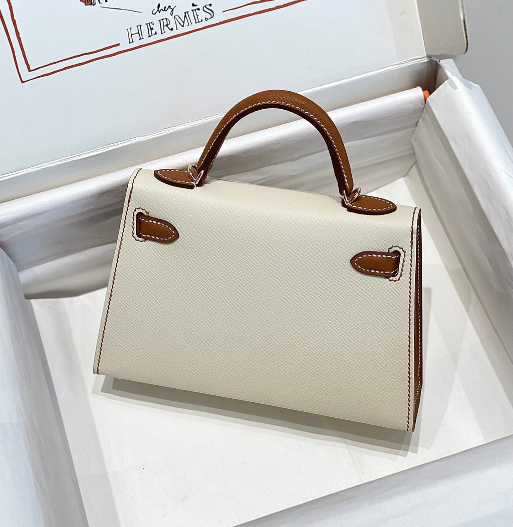 Hermes Kelly Mini 20 White Golden Brown Epsom Gold Hardware Bag