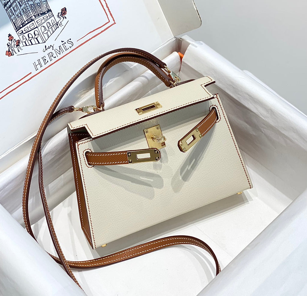 Hermes Kelly Mini 20 White Golden Brown Epsom Gold Hardware Bag
