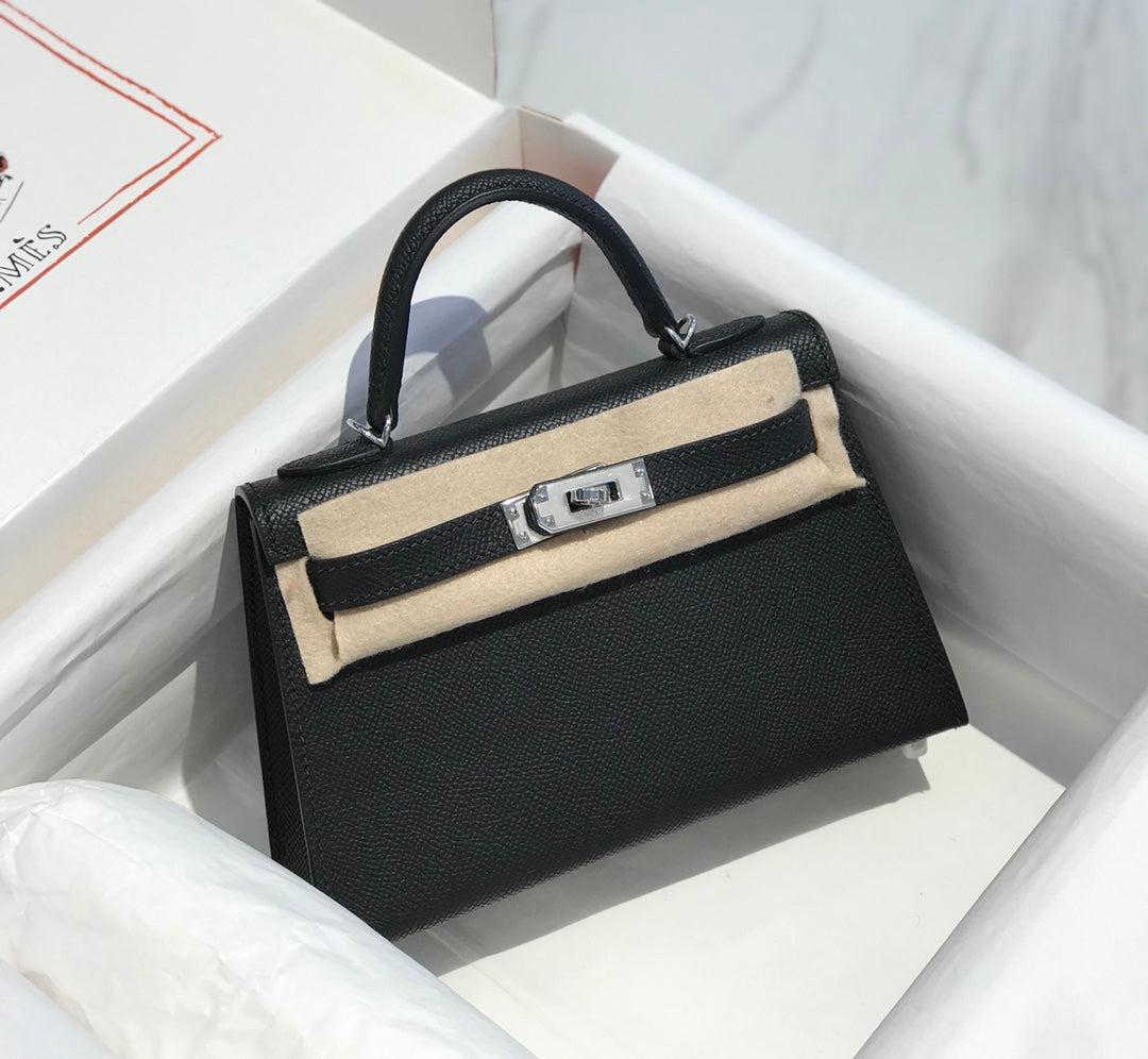 Hermes Kelly Mini 20 Black Epsom Silver Hardware Bag