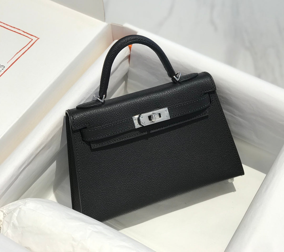 Hermes Kelly Mini 20 Black Epsom Silver Hardware Bag