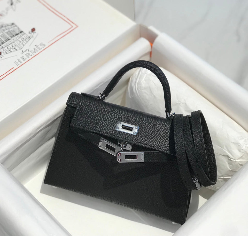 Hermes Kelly Mini 20 Black Epsom Silver Hardware Bag