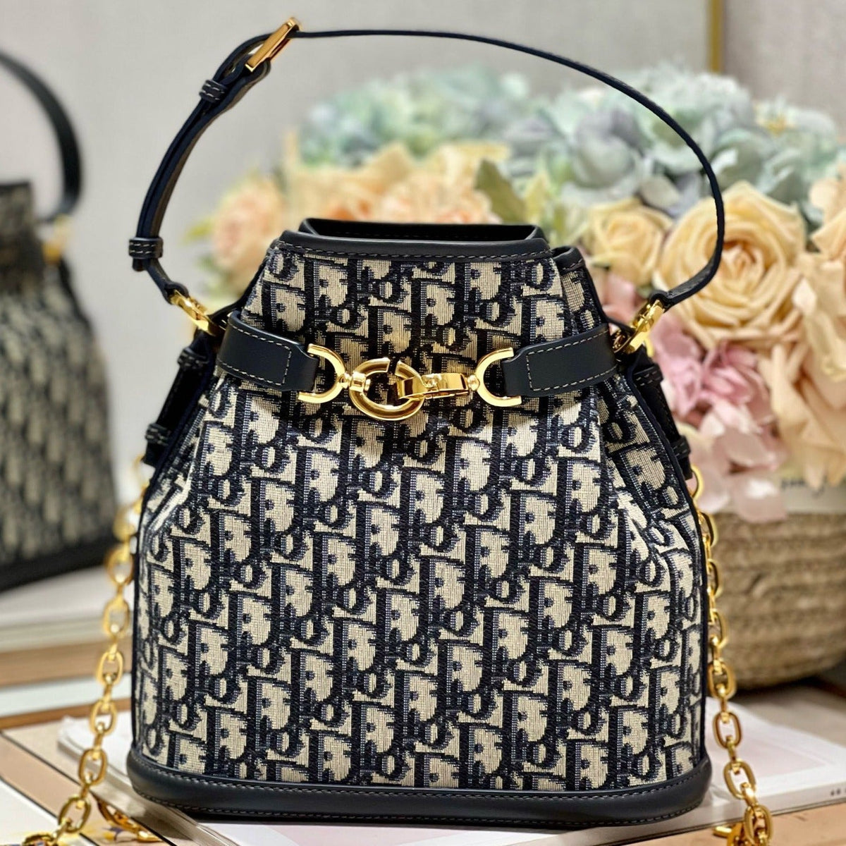 Dior Cest CD 24cm Blue Oblique Embroidery Bag
