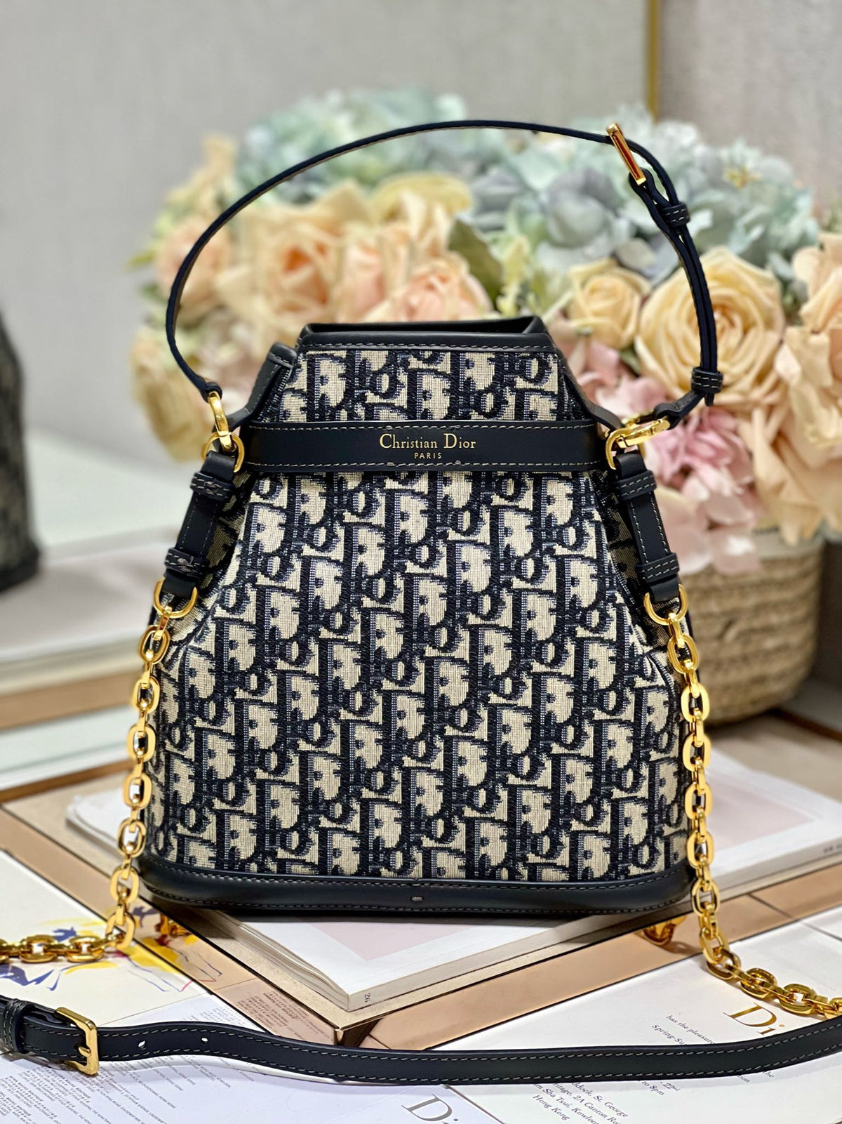 Dior Cest CD 24cm Blue Oblique Embroidery Bag