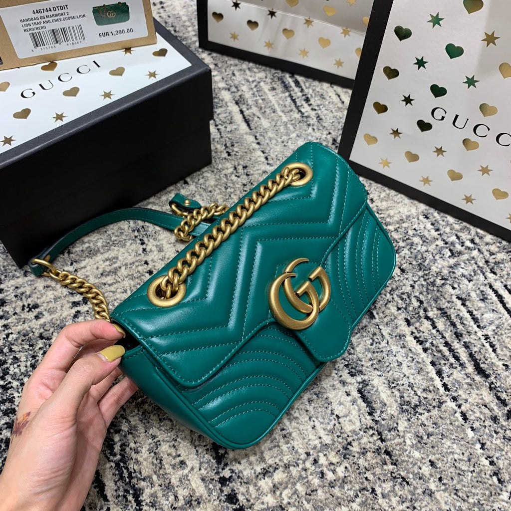 Gucci Marmont 22cm Turquoise Calfskin Gold Hardware Bag